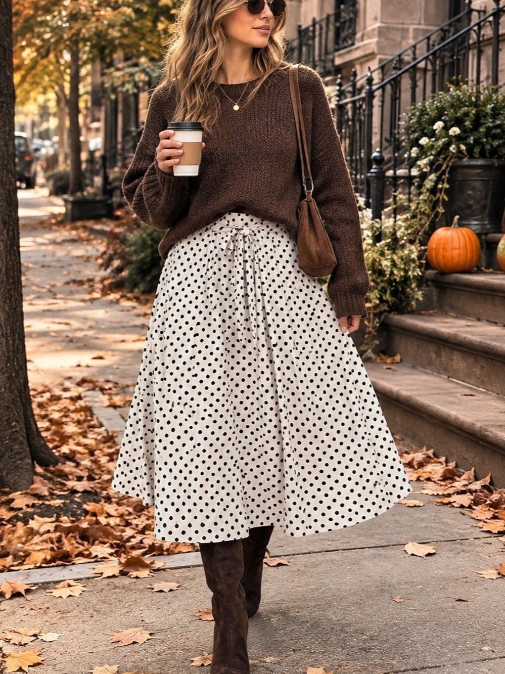 See You Monday Polka Dot Midi Skirt with Tie Waist (sweater available)